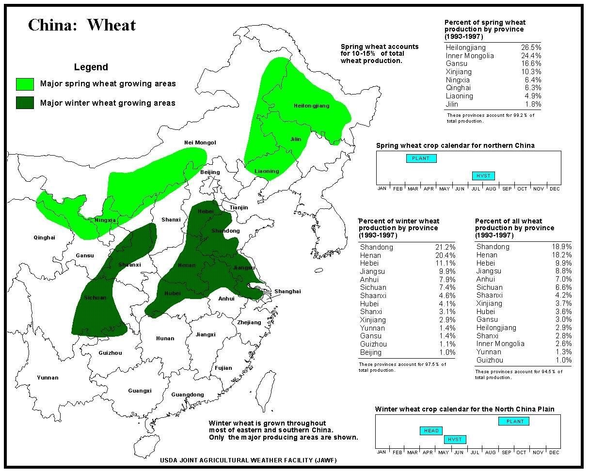 中国小麦主要产区,深绿色是冬小麦,淡绿色是春小麦.