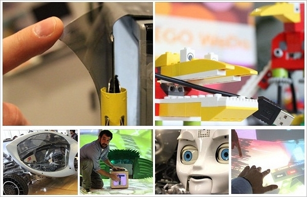 MIT 媒体实验室（Media Lab）的一大特点是研发尖端的信息技术，引领社会需求。在他们眼中，“媒体” 可以是车，也可以是人。上面展示的是 MIT 媒体实验室的一些信息技术成果：［上］左边是高清晰、多视角裸眼 3D 显示屏；右边是新型乐高机器人，小孩子可以输入自己编写的程序，控制机器人活动，自己制作玩具；［下］从左到右依次为，可折叠、可堆放的电动汽车；数码儿童玩具空间，正方体机器人可以把周围变成数码环境；有面部表情、能跟人交流的机器人；大型触控桌面。（bbc.co.uk）