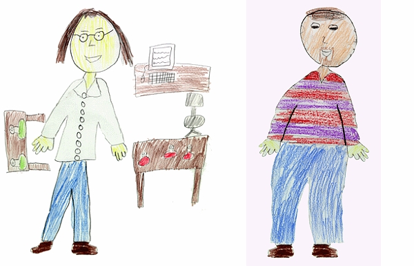 七年级学生阿曼达对科学工作者的印象：左边是之前“白大褂和眼镜”；右边是“条纹套头衫，留着山羊胡”。阿曼达写道：谁知道呢？没准儿我也可以成为一名科学家。