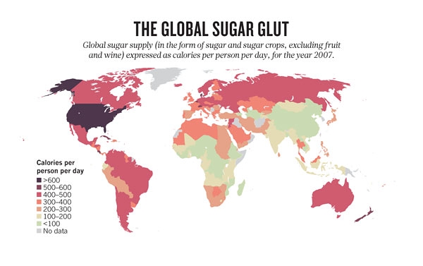 2007 年全球糖的摄入量（不包括水果和酒精中的糖），颜色越深的地区，糖的摄入量越高。需要注意的是，虽然中国整体看起来糖的摄入量远远低于美国，但图片显示的是人均摄入量，而中国的糖摄入量显然是很不均衡的，读者需要引起足够的警惕。（图片：nature.com）