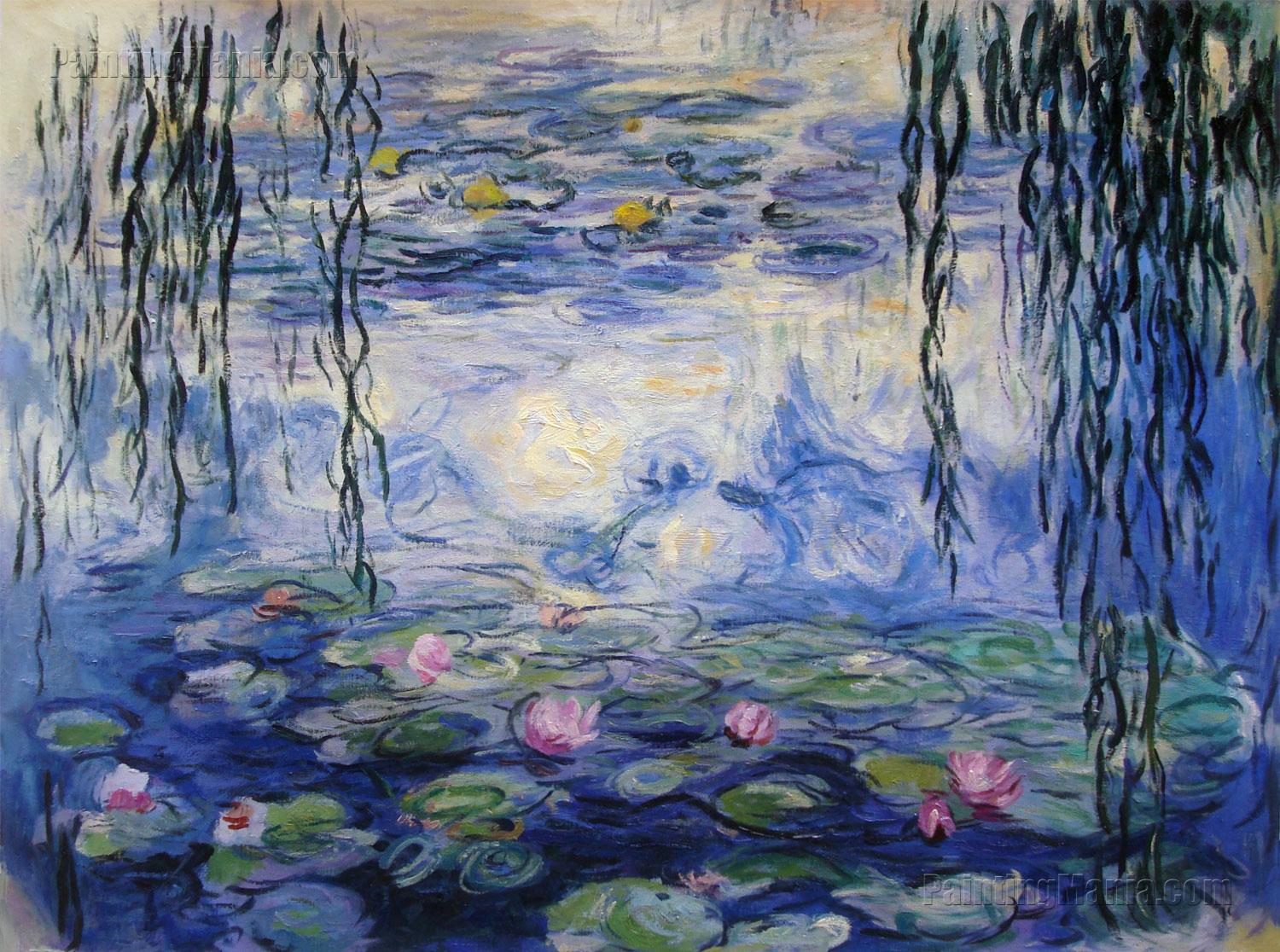 《睡莲》，莫奈，1916。据说，莫奈晚年画作大量使用蓝色、紫色，可能是因为患有白内障，觉得画面中蓝色、紫色不足，大量填补造成的。图片来自claude-monet.com。