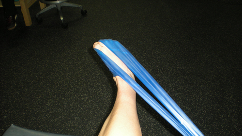 踝关节向内侧运动，同时将弹力带向外侧牵拉。图片来自：active.com。