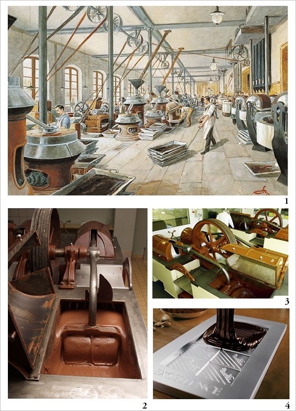 [1] 早期巧克力工厂加工场景； [2、3] 1879年，鲁道夫•莲发明了巧克力精炼技术，使得今天入口即化的巧克力成为可能；[4] 模具成型. （图片：chocosuisse.ch）
