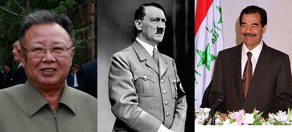 从左至右依次为金正日、希特勒和萨达姆。