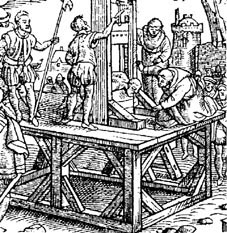 版画中的“苏格兰处女”刑架。（图：guillotine.dk）